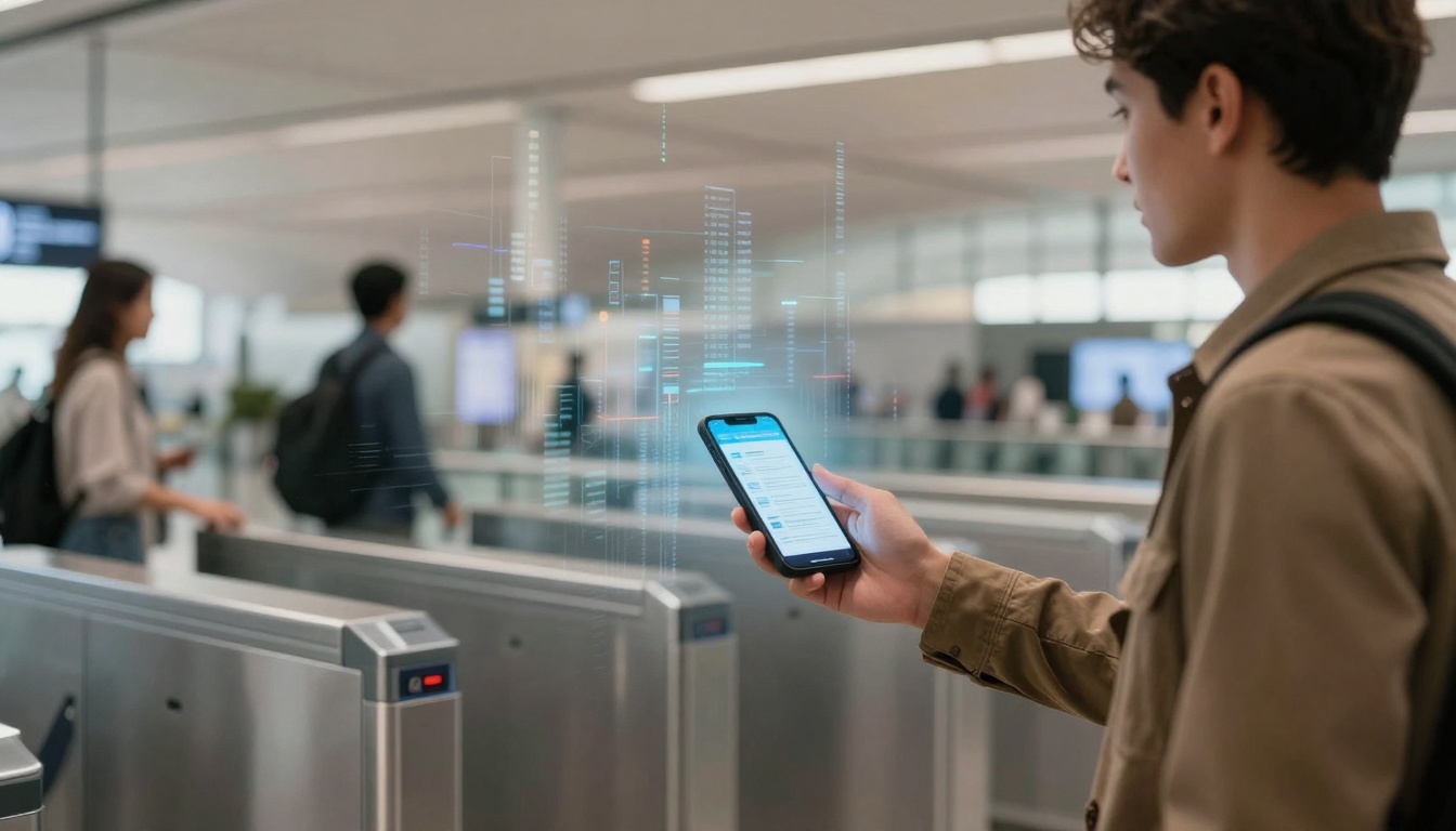 A person in a brown jacket holds a smartphone displaying data, standing near turnstiles in a modern, well-lit transit station. Other people are visible in the background.