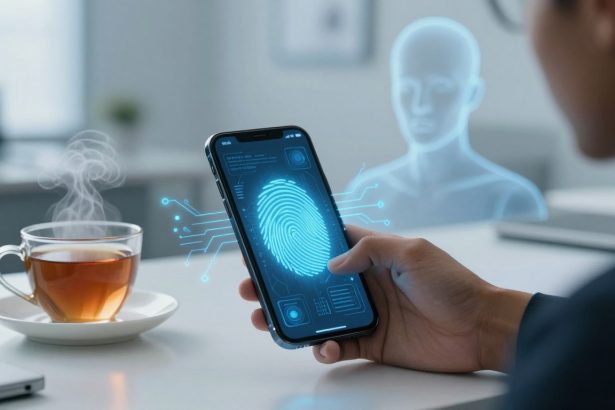 A person holding a smartphone displaying a digital fingerprint and data, with a holographic figure in the background. A steaming cup of tea sits on a table.