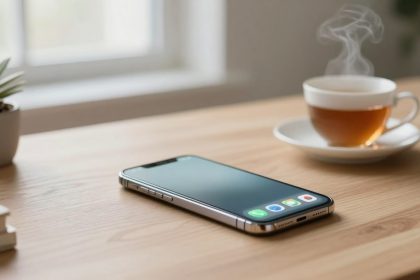 A smartphone lies on a wooden table next to a steaming cup of tea in a white cup and saucer. A small succulent plant is in the background.