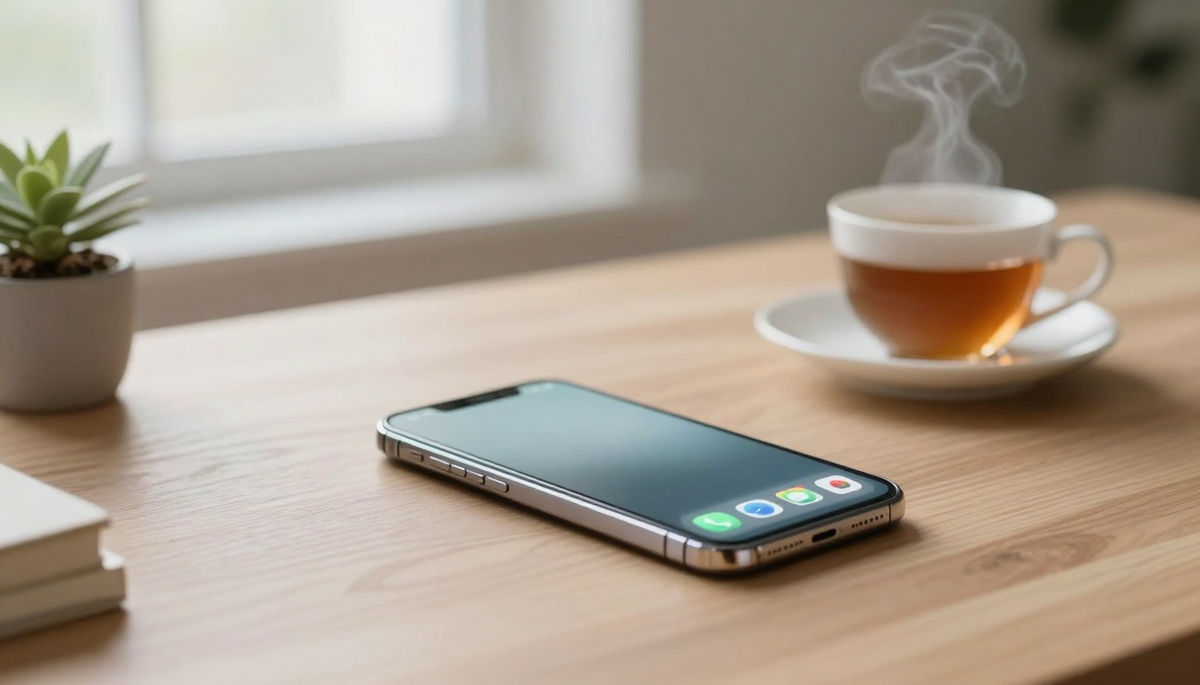 A smartphone lies on a wooden table next to a steaming cup of tea in a white cup and saucer. A small succulent plant is in the background.