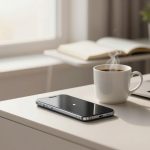 A white mug with steam sits on a desk next to a smartphone and an open laptop. A blurred book and plant are in the background.