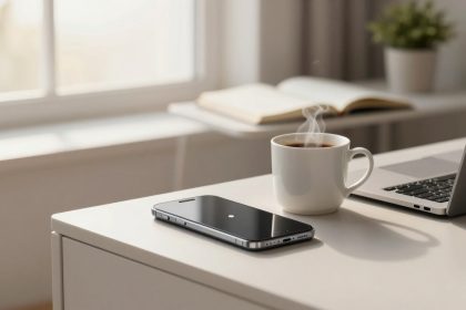 A white mug with steam sits on a desk next to a smartphone and an open laptop. A blurred book and plant are in the background.