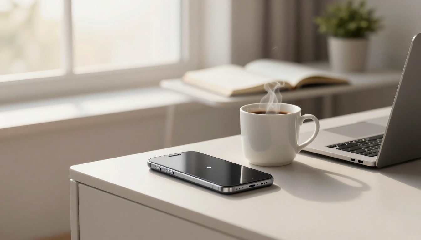 A white mug with steam sits on a desk next to a smartphone and an open laptop. A blurred book and plant are in the background.