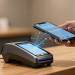 A hand holds a smartphone above a payment terminal on a wooden counter. Digital lines connect the devices, indicating a contactless transaction.