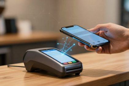 A hand holds a smartphone above a payment terminal on a wooden counter. Digital lines connect the devices, indicating a contactless transaction.