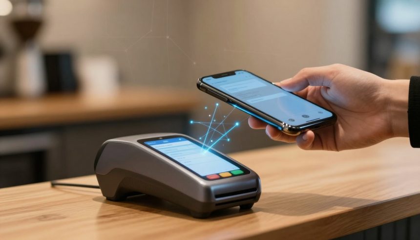 A hand holds a smartphone above a payment terminal on a wooden counter. Digital lines connect the devices, indicating a contactless transaction.