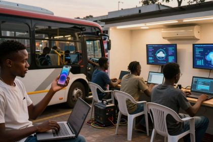 A man holds a smartphone while using a laptop, sitting outside a bus. Nearby, three people work on laptops under a shelter with screens displaying data.