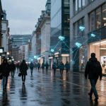 Wet city street with people walking between modern buildings. Digital overlay of security cameras connected by lines, indicating surveillance.