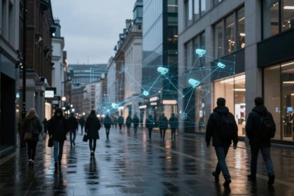 Wet city street with people walking between modern buildings. Digital overlay of security cameras connected by lines, indicating surveillance.