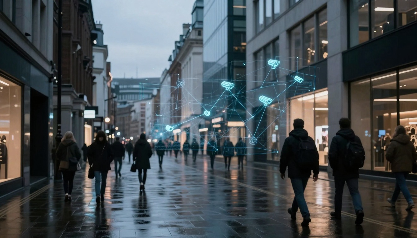 Wet city street with people walking between modern buildings. Digital overlay of security cameras connected by lines, indicating surveillance.