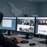 A person in a dark hoodie works at a desk with three monitors. The screens display a website with images of people and documents. The setting is an office with a blurred world map on the wall.