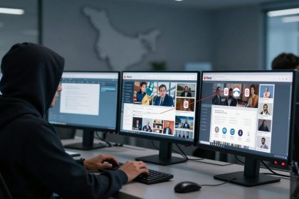 A person in a dark hoodie works at a desk with three monitors. The screens display a website with images of people and documents. The setting is an office with a blurred world map on the wall.