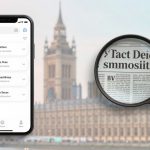 A smartphone with a social media app interface is on the left, showing various icons and text. On the right, a magnifying glass focuses on a newspaper with blurred text. The background features the blurred silhouette of the Houses of Parliament.