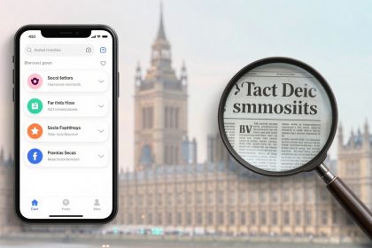 A smartphone with a social media app interface is on the left, showing various icons and text. On the right, a magnifying glass focuses on a newspaper with blurred text. The background features the blurred silhouette of the Houses of Parliament.