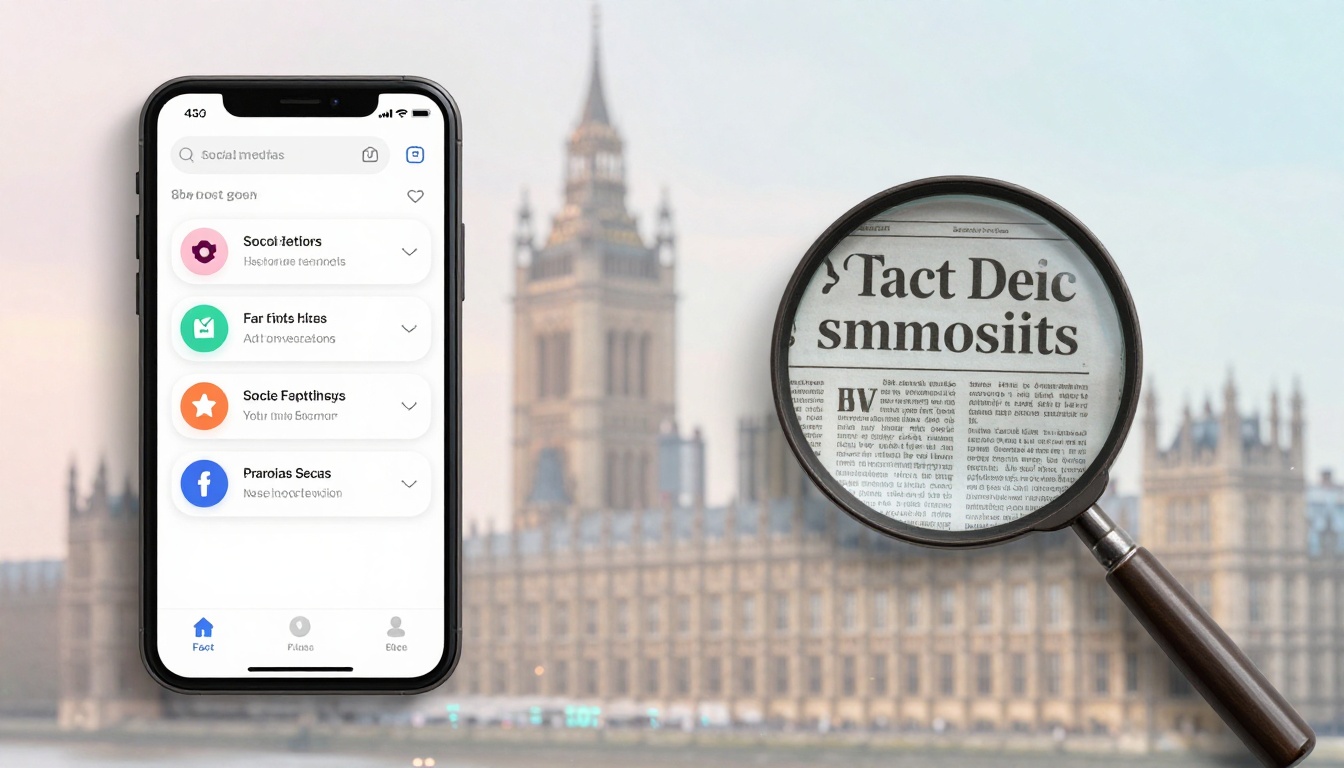 A smartphone with a social media app interface is on the left, showing various icons and text. On the right, a magnifying glass focuses on a newspaper with blurred text. The background features the blurred silhouette of the Houses of Parliament.