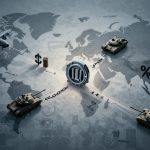 A world map features a central vault door, surrounded by tanks and airplanes. Chains connect the vault to currency symbols and a percentage sign, symbolizing global finance and military power.