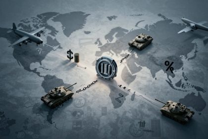 A world map features a central vault door, surrounded by tanks and airplanes. Chains connect the vault to currency symbols and a percentage sign, symbolizing global finance and military power.