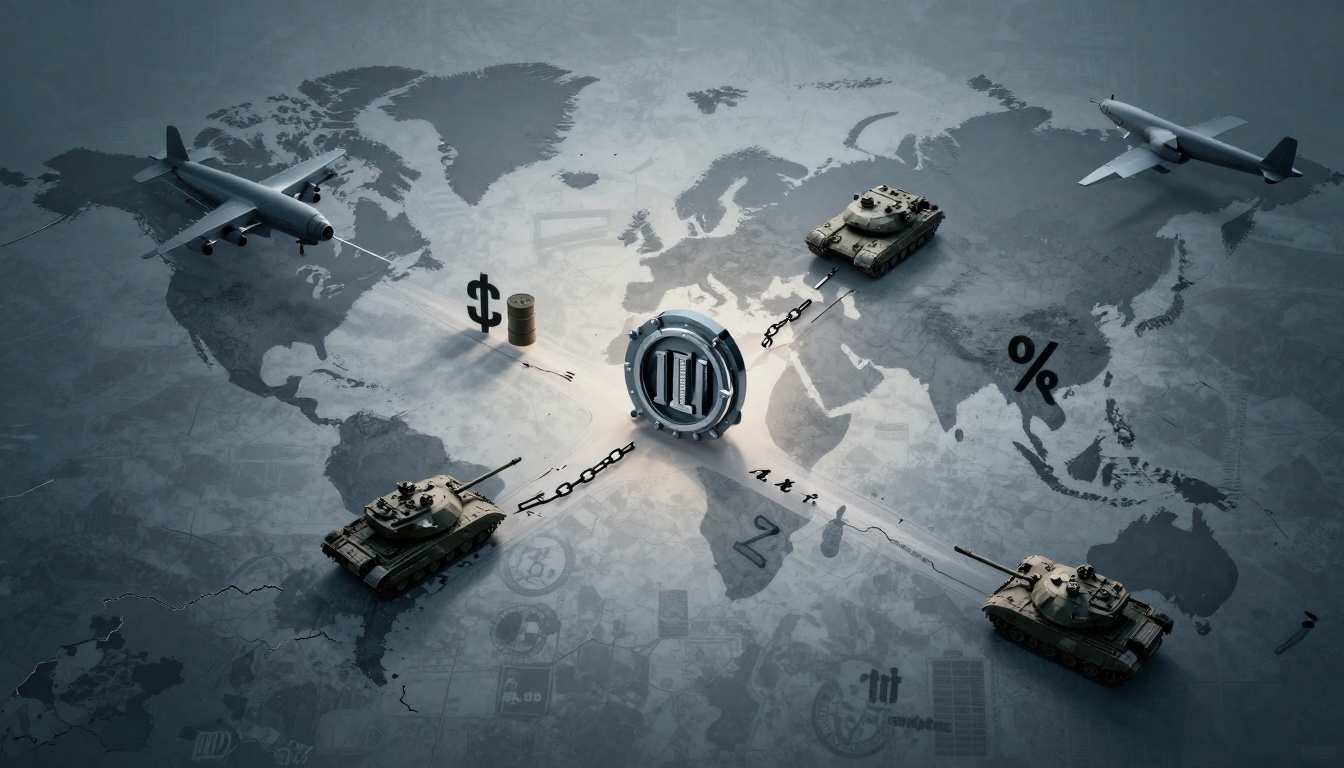 A world map features a central vault door, surrounded by tanks and airplanes. Chains connect the vault to currency symbols and a percentage sign, symbolizing global finance and military power.
