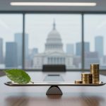A conference room with a view of a cityscape featuring a domed building. A balance scale on the table holds a green leaf on one side and stacked gold coins on the other.