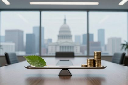 A conference room with a view of a cityscape featuring a domed building. A balance scale on the table holds a green leaf on one side and stacked gold coins on the other.