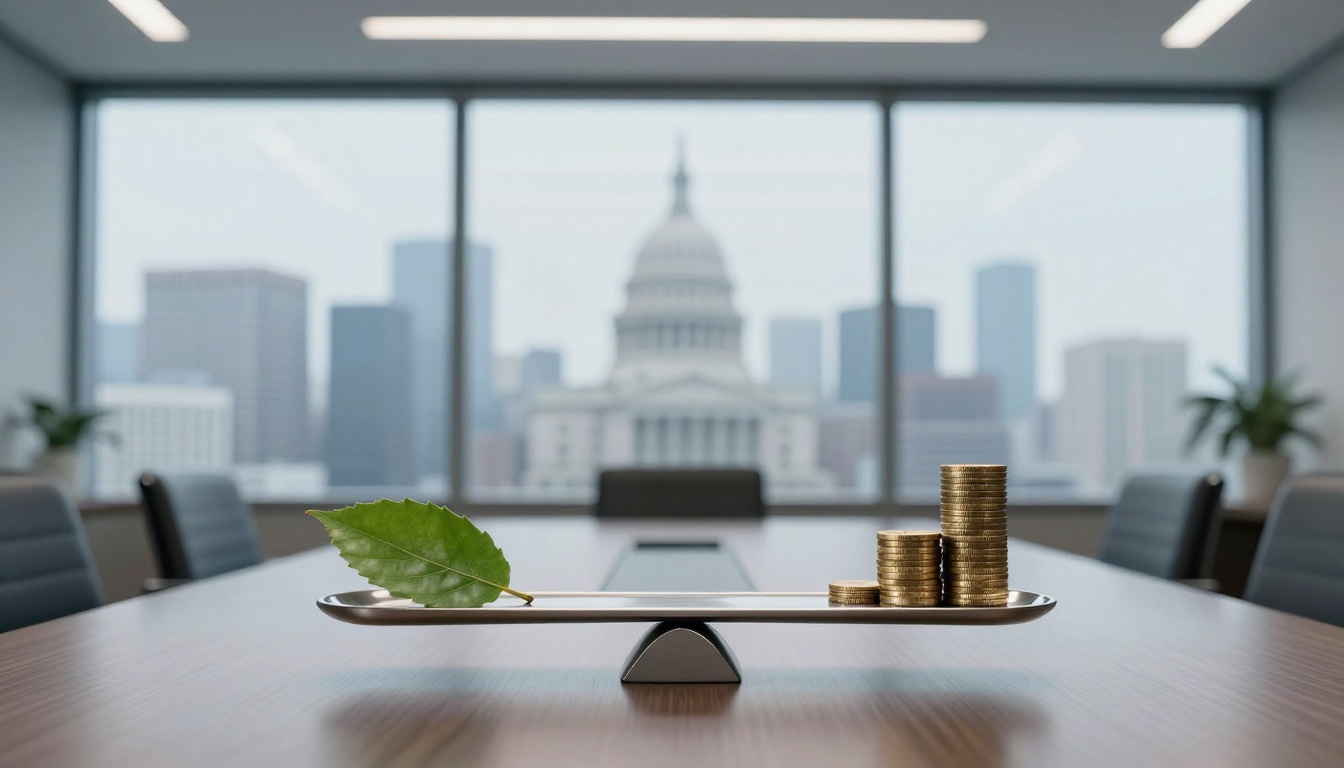 A conference room with a view of a cityscape featuring a domed building. A balance scale on the table holds a green leaf on one side and stacked gold coins on the other.