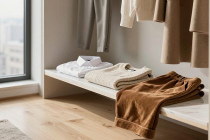 Clothing items neatly arranged on a shelf include a white dress shirt, a beige knit sweater, and brown corduroy pants. Beige and gray garments hang above, and a large window reveals a cityscape. The floor is light wood.