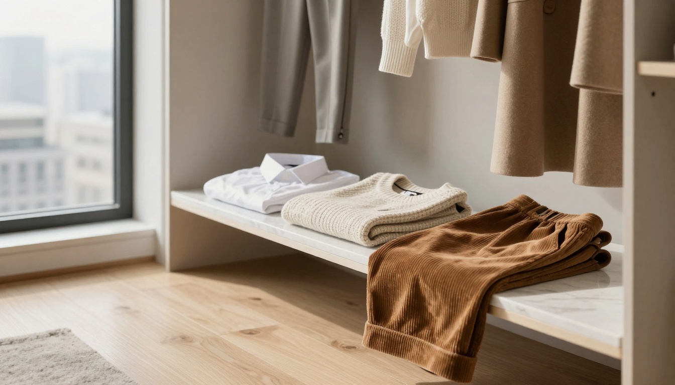 Clothing items neatly arranged on a shelf include a white dress shirt, a beige knit sweater, and brown corduroy pants. Beige and gray garments hang above, and a large window reveals a cityscape. The floor is light wood.