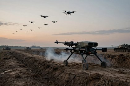 A robotic device with wheels and a mounted gun is positioned in a trench on a battlefield. Multiple drones fly overhead, and tanks are visible in the background under a cloudy sky at sunset.