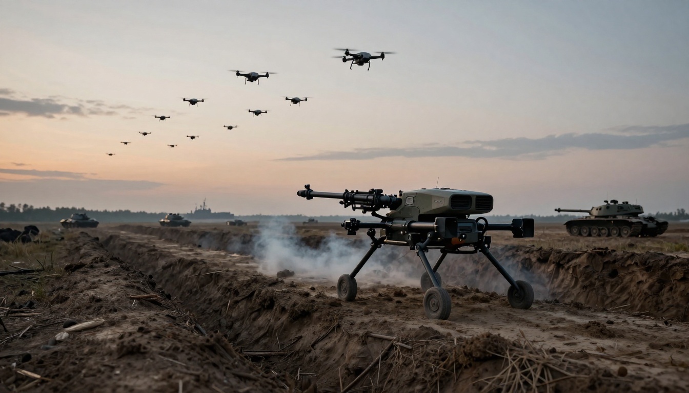 A robotic device with wheels and a mounted gun is positioned in a trench on a battlefield. Multiple drones fly overhead, and tanks are visible in the background under a cloudy sky at sunset.