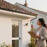 A woman in a beige suit holds a magnifying glass and clipboard, inspecting the roof of a white house. She stands in a garden setting.