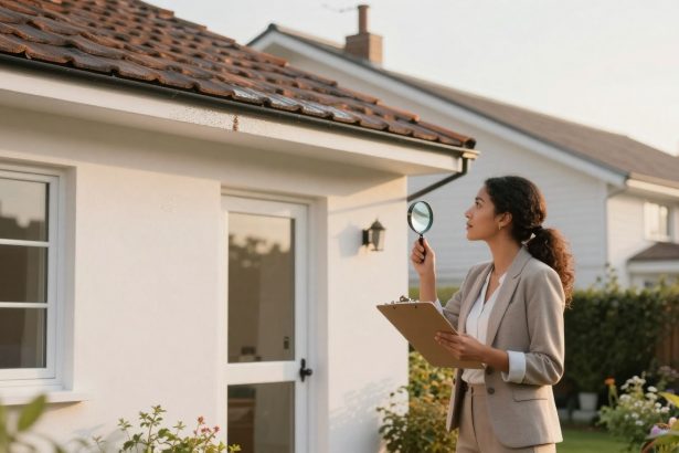 A woman in a beige suit holds a magnifying glass and clipboard, inspecting the roof of a white house. She stands in a garden setting.