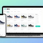 A smartphone and laptop display an online store featuring various sneakers. The laptop shows multiple sneaker options, while the phone highlights a specific blue and red sneaker. The background is a gradient of green and blue.