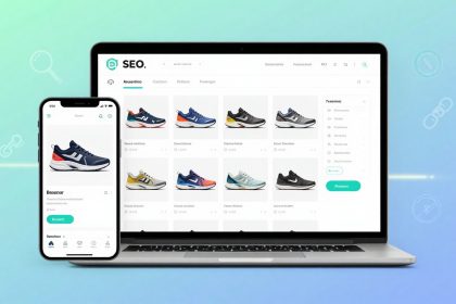 A smartphone and laptop display an online store featuring various sneakers. The laptop shows multiple sneaker options, while the phone highlights a specific blue and red sneaker. The background is a gradient of green and blue.