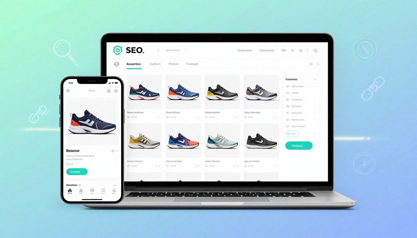 A smartphone and laptop display an online store featuring various sneakers. The laptop shows multiple sneaker options, while the phone highlights a specific blue and red sneaker. The background is a gradient of green and blue.