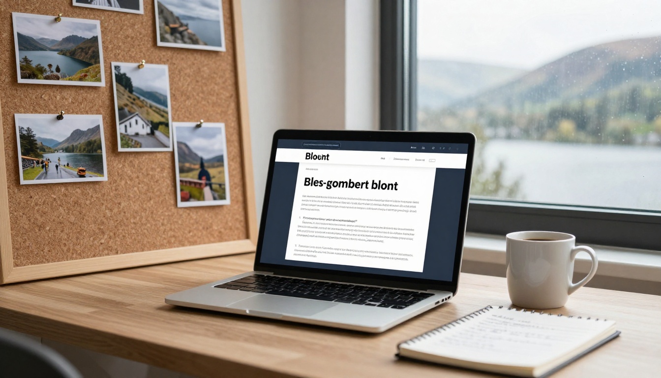 A laptop displaying text on a wooden desk beside a white mug and a notebook. A corkboard with landscape photos is on the left. A window reveals a blurred view of a lake and hills.