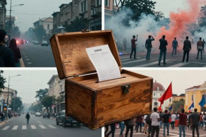 A collage showing a street protest with people and smoke, a crowd with flags in front of buildings, and a wooden box with a document inside.