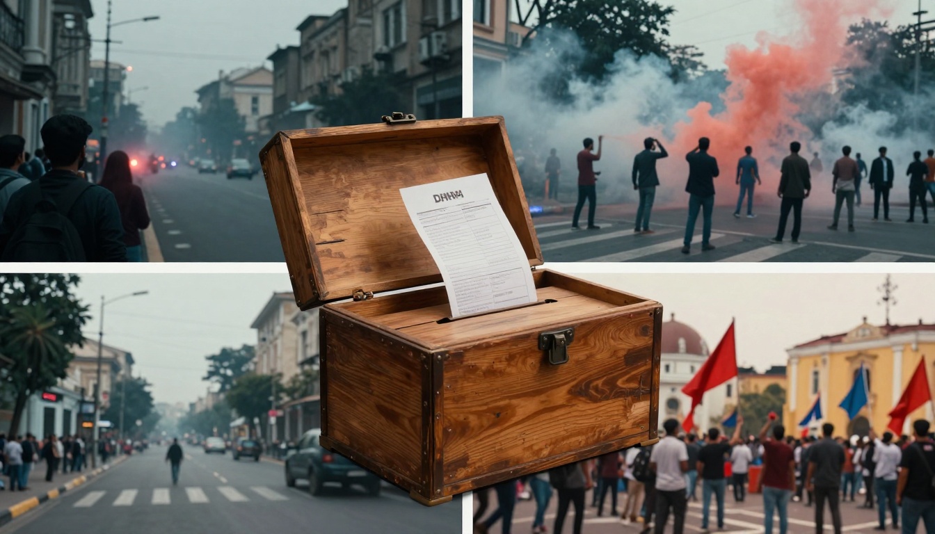 A collage showing a street protest with people and smoke, a crowd with flags in front of buildings, and a wooden box with a document inside.