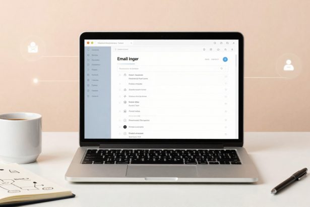 A laptop displaying an email inbox screen sits on a white desk. To the left, a white mug filled with coffee and an open notebook with diagrams. A pen is on the right. The background is a soft beige color with icons for email and user.