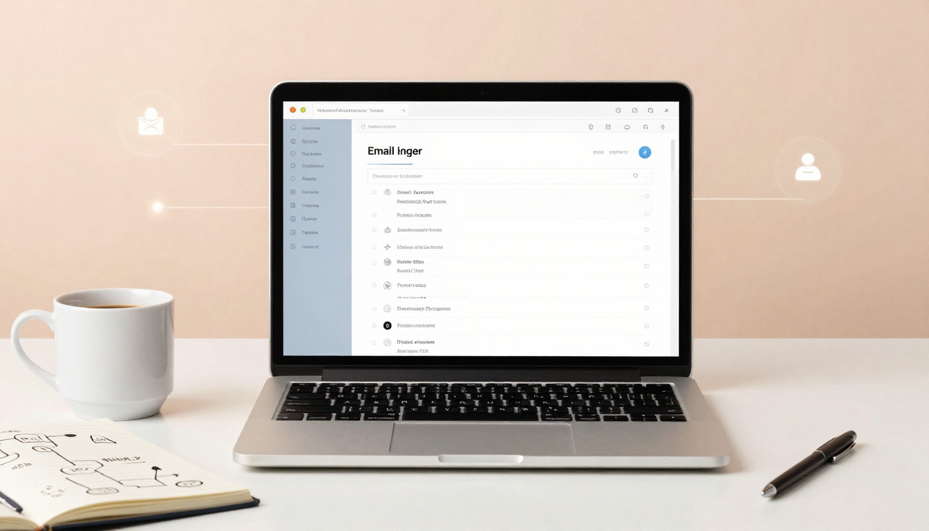 A laptop displaying an email inbox screen sits on a white desk. To the left, a white mug filled with coffee and an open notebook with diagrams. A pen is on the right. The background is a soft beige color with icons for email and user.