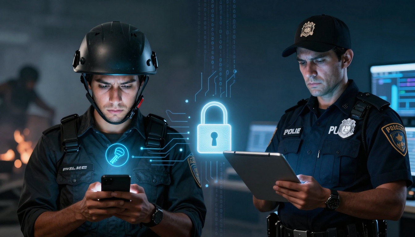 Two police officers focus on devices; one uses a smartphone, wearing a helmet, while the other holds a tablet. A digital lock graphic appears between them, symbolizing cybersecurity.