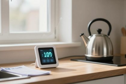 A kitchen counter with a digital air quality monitor displaying "100" in white numbers. Nearby is a stainless steel kettle on an induction cooktop. A small plant is near the window. A document labeled "List: CO2 (100)" is on the counter.