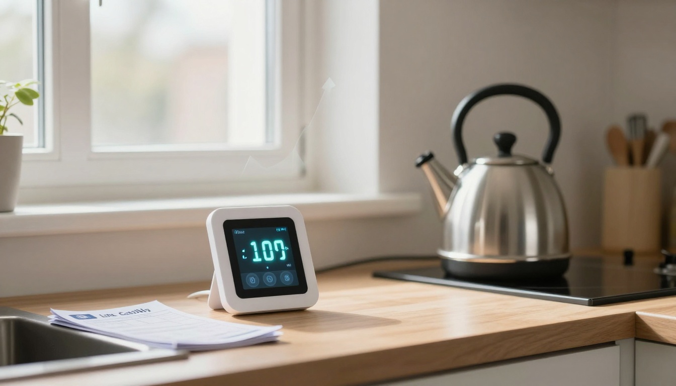 A kitchen counter with a digital air quality monitor displaying "100" in white numbers. Nearby is a stainless steel kettle on an induction cooktop. A small plant is near the window. A document labeled "List: CO2 (100)" is on the counter.