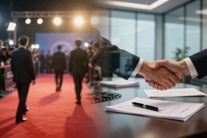 A composite image showing a red carpet event with people in suits, photographers, and bright lights on one side, and a handshake over signed documents in an office setting on the other.