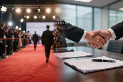 A composite image showing a red carpet event with photographers and a suited man walking away, and a handshake over a table with documents and a pen in an office setting.