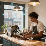 A barista wearing a gray apron sorts coffee beans on a wooden counter in a cozy café. The café has large windows, pendant lights, and jars filled with coffee beans. There's a coffee grinder and espresso machine in the background. A digital network graphic overlays the scene.