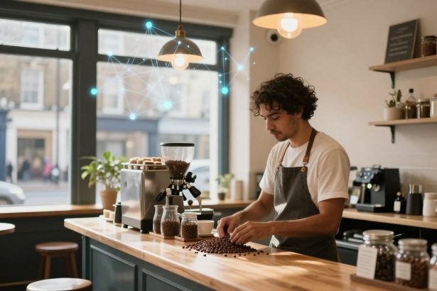 A barista wearing a gray apron sorts coffee beans on a wooden counter in a cozy café. The café has large windows, pendant lights, and jars filled with coffee beans. There's a coffee grinder and espresso machine in the background. A digital network graphic overlays the scene.