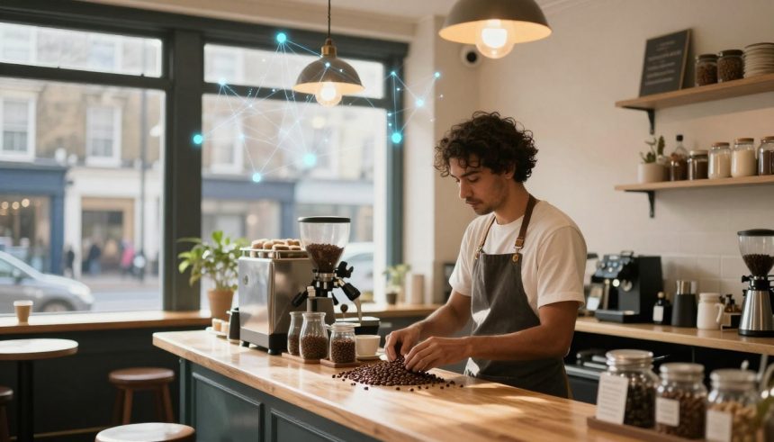 A barista wearing a gray apron sorts coffee beans on a wooden counter in a cozy café. The café has large windows, pendant lights, and jars filled with coffee beans. There's a coffee grinder and espresso machine in the background. A digital network graphic overlays the scene.