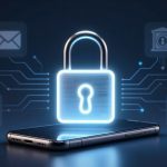 A glowing padlock hovers above a smartphone on a dark blue background, with icons of a bird, envelope, bank, and shopping cart connected by circuit lines, symbolizing digital security.