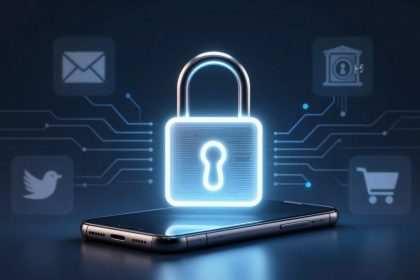 A glowing padlock hovers above a smartphone on a dark blue background, with icons of a bird, envelope, bank, and shopping cart connected by circuit lines, symbolizing digital security.