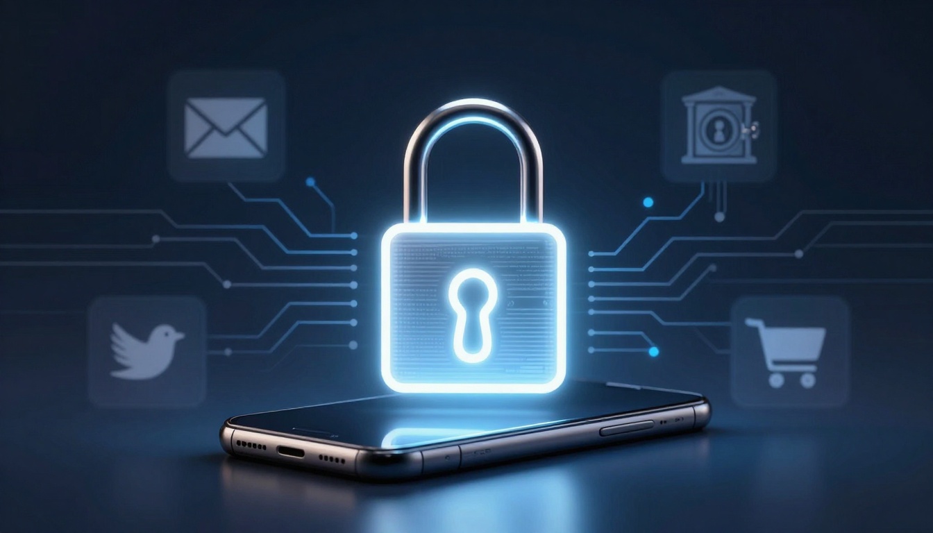 A glowing padlock hovers above a smartphone on a dark blue background, with icons of a bird, envelope, bank, and shopping cart connected by circuit lines, symbolizing digital security.